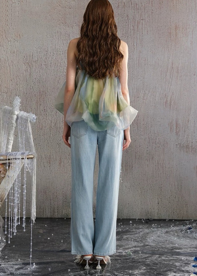 Beautiful Green Backless Print Chiffon Strapless Vests Summer