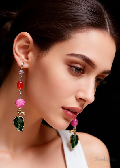 Beautiful Green Leaf Asymmetrical Jade Zircon Drop Earrings
