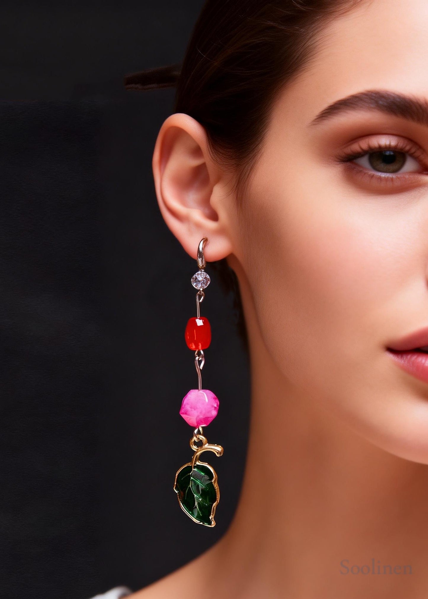 Beautiful Green Leaf Asymmetrical Jade Zircon Drop Earrings