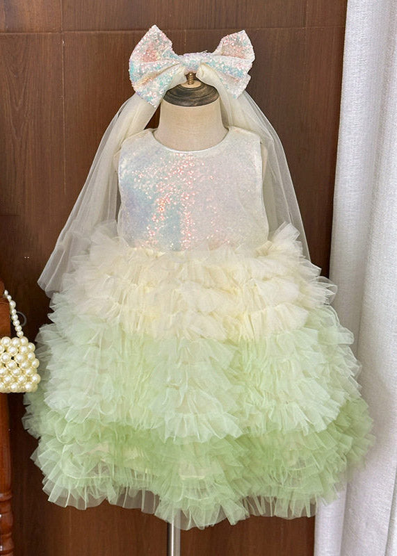 Beautiful Green O-Neck Patchwork Tulle Girls Maxi Cake Dress Summer