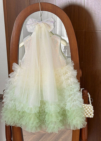 Beautiful Green O-Neck Patchwork Tulle Girls Maxi Cake Dress Summer