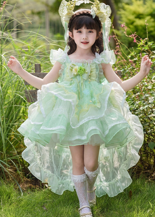 Beautiful Green Square Collar Floral Tulle Girls Maxi Dress Summer