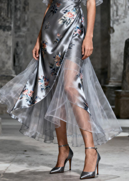 Beautiful Grey Print Patchwork Tulle Party Dresses Summer