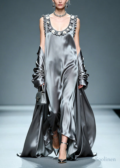 Beautiful Grey Ruffled Floral Silk Vacation Dresses Summer