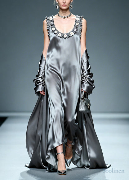 Beautiful Grey Ruffled Floral Silk Vacation Dresses Summer