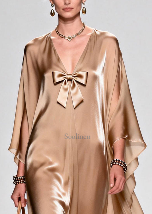 Beautiful Khaki Bow Exra Large Hem Draping Chiffon Maxi Dresses Summer