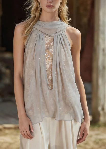 Beautiful Light Blue Lace Patchwork Chiffon Top Sleeveless