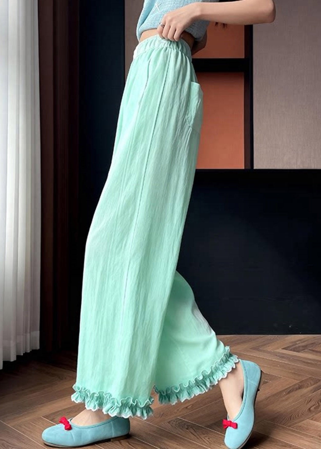 Beautiful Light Green Ruffled Patchwork Solid Wide Leg Pants Summer