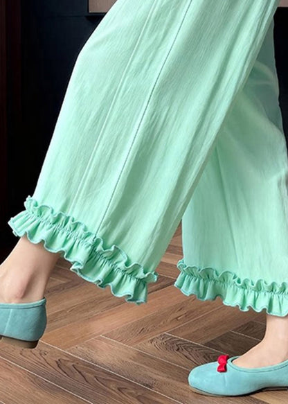 Beautiful Light Green Ruffled Patchwork Solid Wide Leg Pants Summer