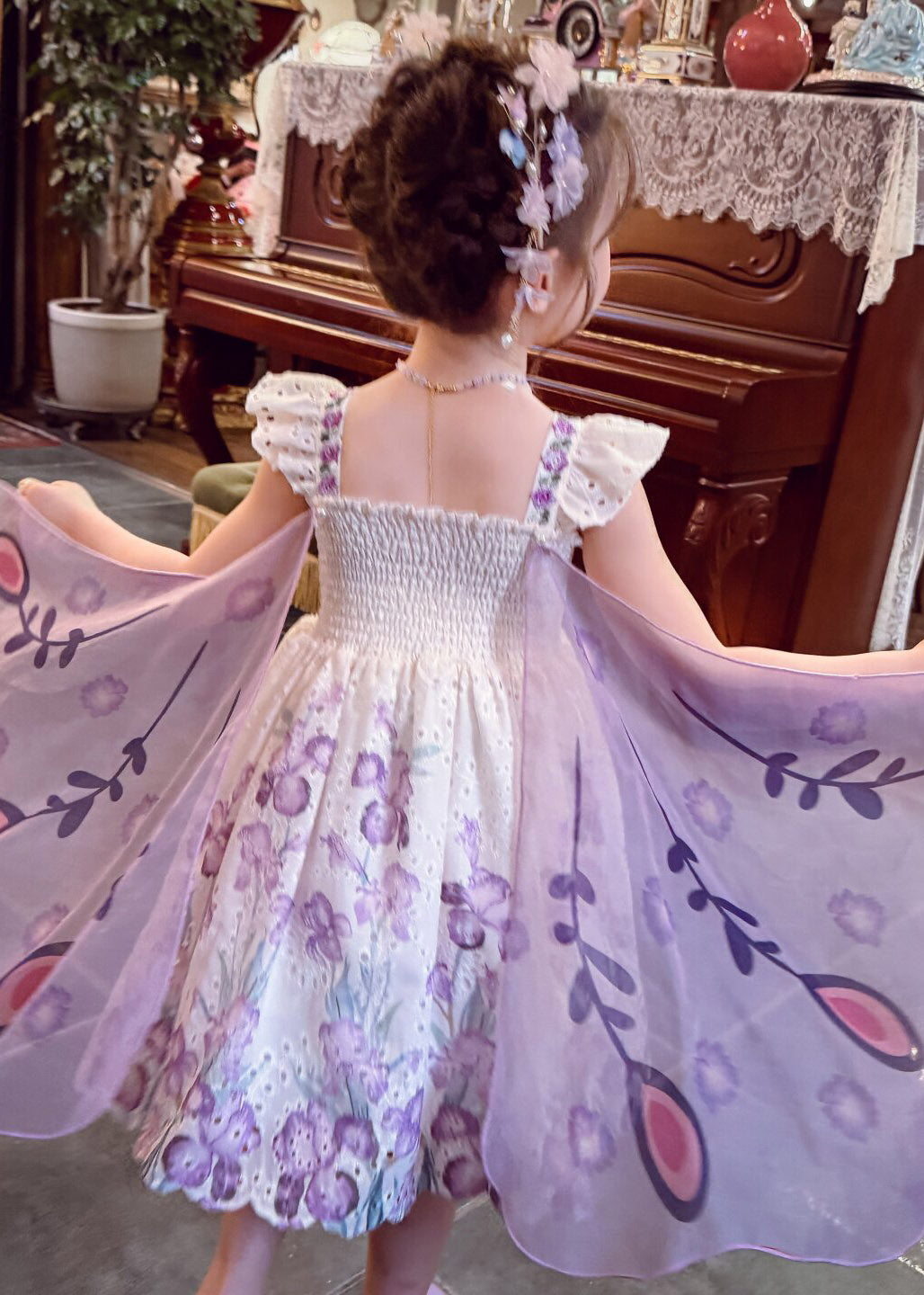 Beautiful Light Purple Print Wing Kids Long Spaghetti Strap Dress Sleeveless