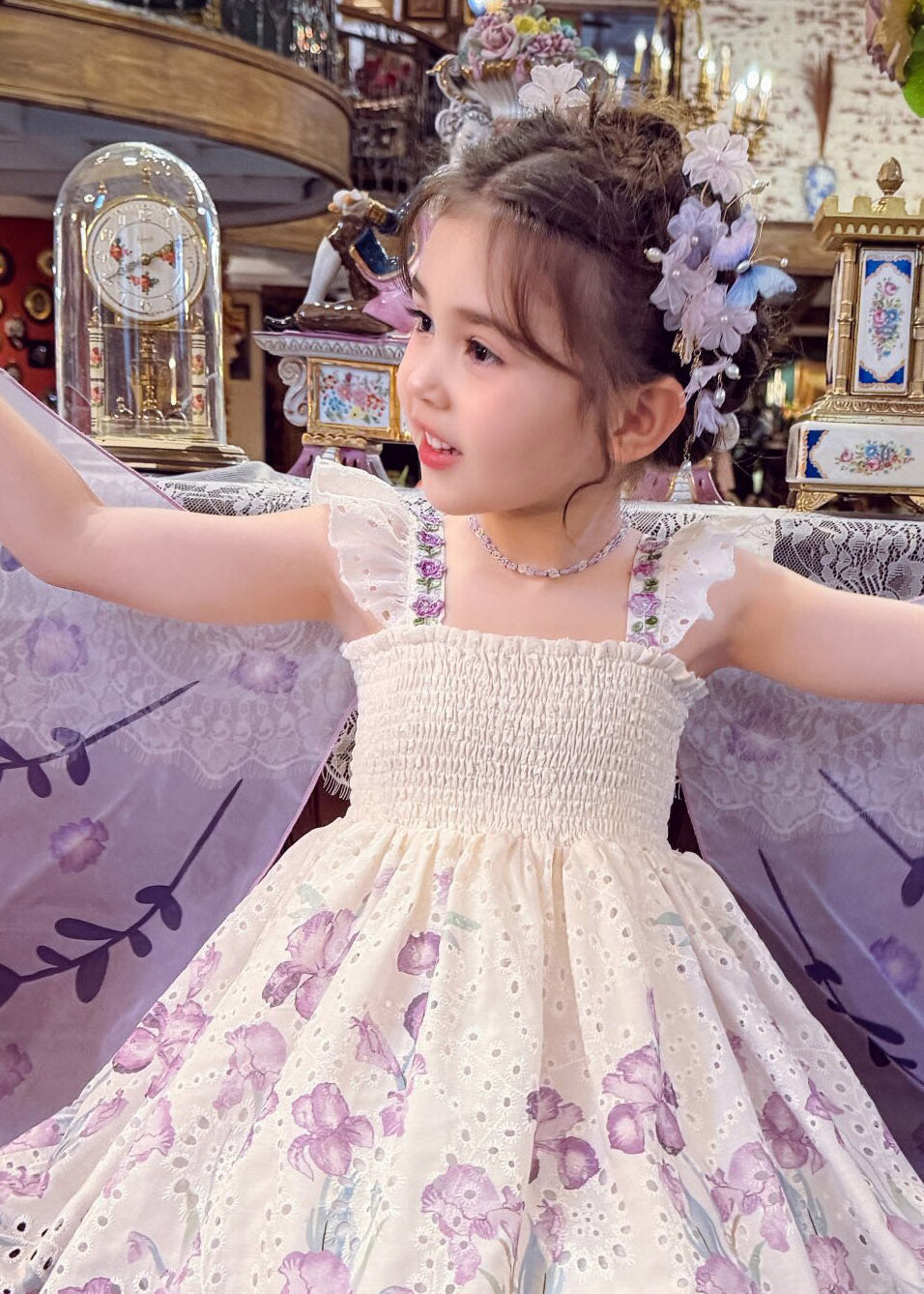 Beautiful Light Purple Print Wing Kids Long Spaghetti Strap Dress Sleeveless