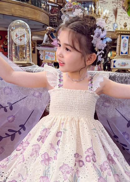 Beautiful Light Purple Print Wing Kids Long Spaghetti Strap Dress Sleeveless