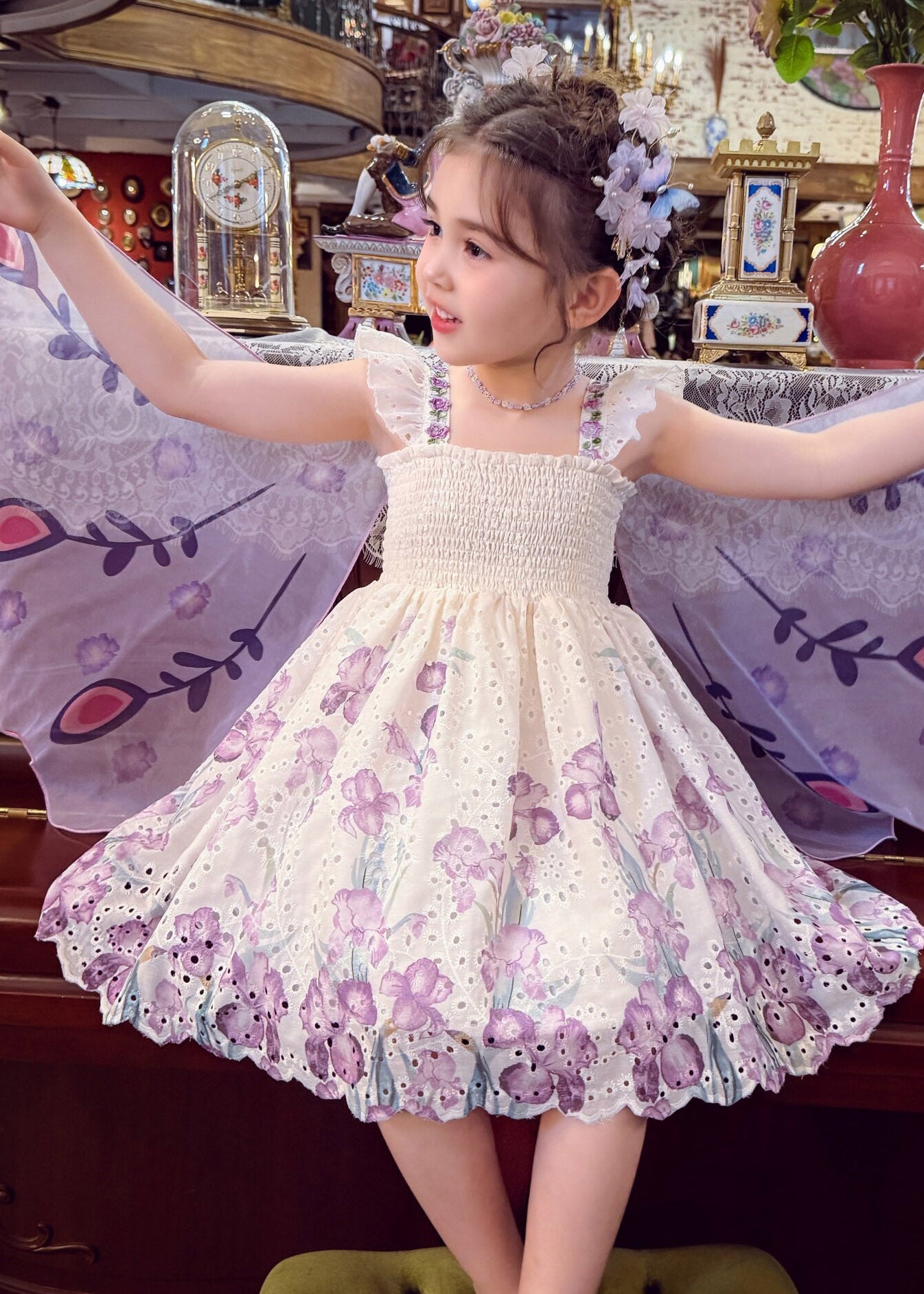 Beautiful Light Purple Print Wing Kids Long Spaghetti Strap Dress Sleeveless