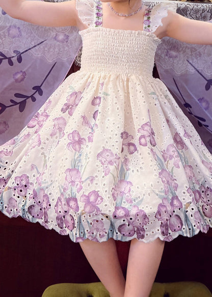 Beautiful Light Purple Print Wing Kids Long Spaghetti Strap Dress Sleeveless
