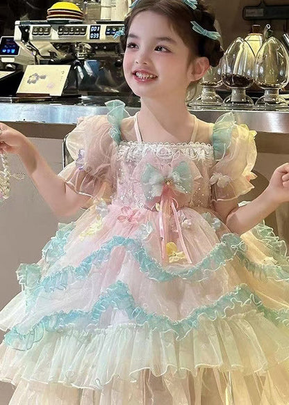 Beautiful Light Purple Ruffled Patchwork Tulle Kids Long Dresses Summer