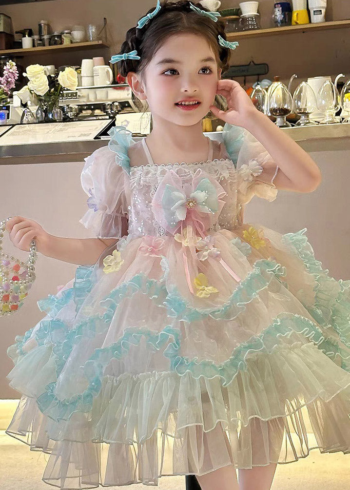 Beautiful Light Purple Ruffled Patchwork Tulle Kids Long Dresses Summer