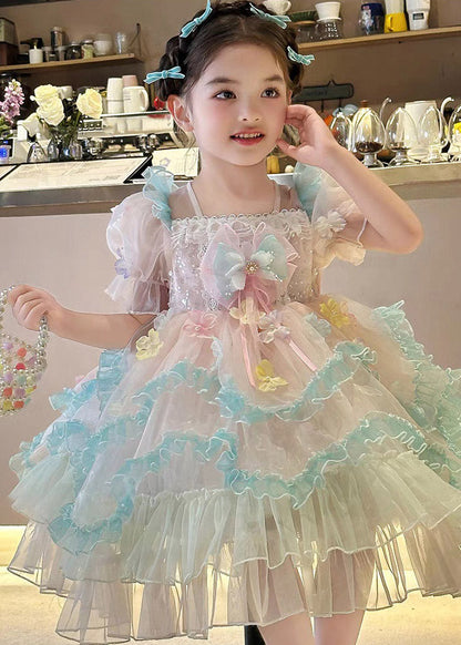 Beautiful Light Purple Ruffled Patchwork Tulle Kids Long Dresses Summer