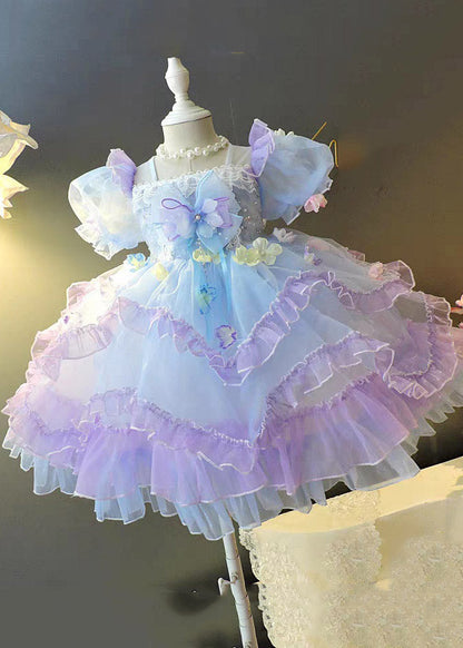 Beautiful Light Purple Ruffled Patchwork Tulle Kids Long Dresses Summer