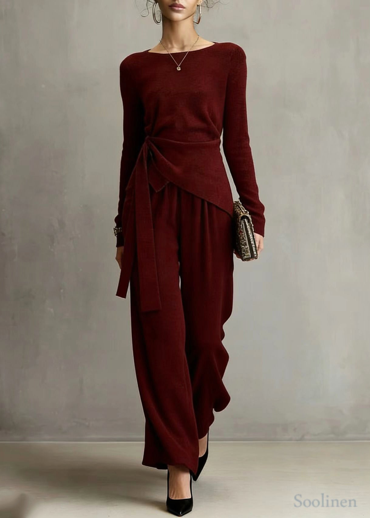 Beautiful Mulberry Asymmetrical Design Knit Tops And Wide Leg Pants Two Pieces Set Spring