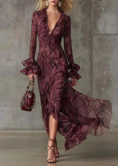 Beautiful Mulberry Ruffled Print Chiffon Ankle Dress Flare Sleeve