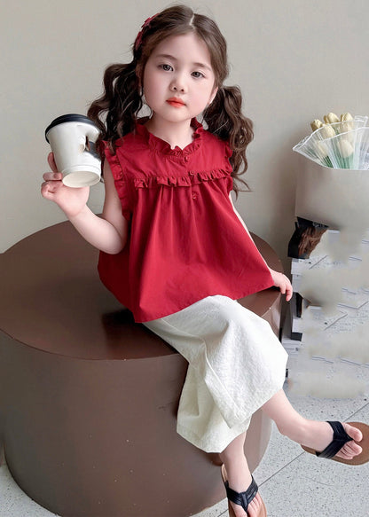 Beautiful Mulberry Stand Collar Patchwork Girls Vest And Wide Leg Pants Two Pieces Set Summer