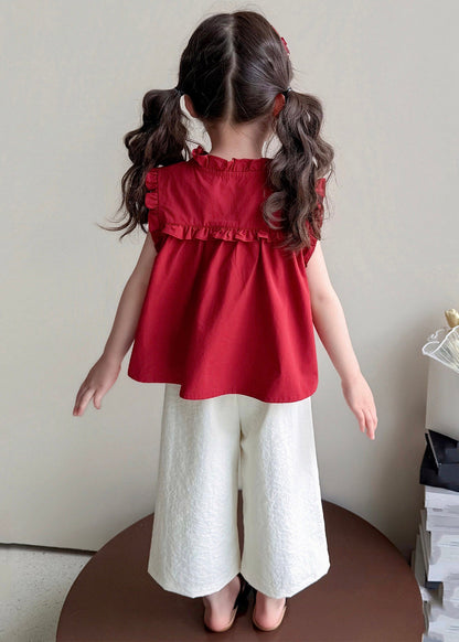 Beautiful Mulberry Stand Collar Patchwork Girls Vest And Wide Leg Pants Two Pieces Set Summer