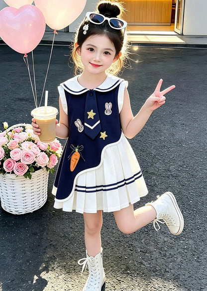 Beautiful Navy Asymmetrical Patchwork Cotton Baby Girls Dresses Sleeveless