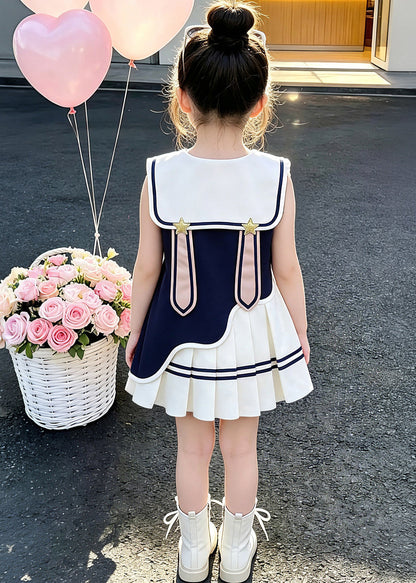 Beautiful Navy Asymmetrical Patchwork Cotton Baby Girls Dresses Sleeveless