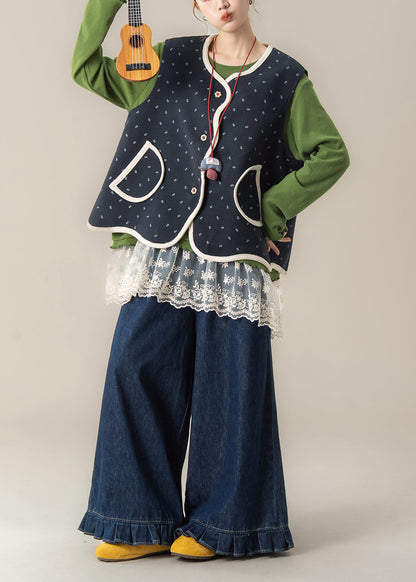 Beautiful Navy Print Vest T Shirt And Pants Cotton Three Pieces Set Spring