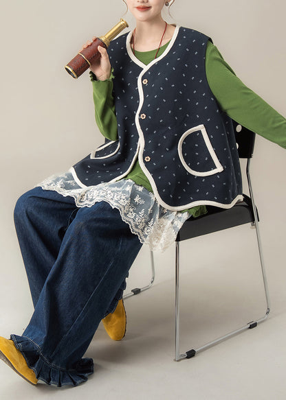 Beautiful Navy Print Vest T Shirt And Pants Cotton Three Pieces Set Spring