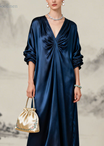 Beautiful Navy V Neck Wrinkled Silk Long Dresses Summer