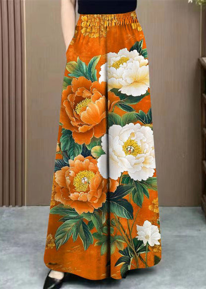 Beautiful Orange Print Pockets Cotton Wide Leg Pants Elastic Waist