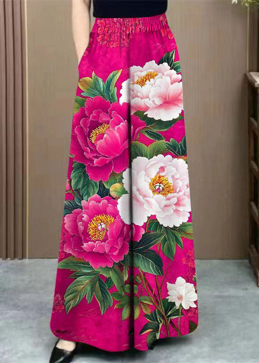 Beautiful Orange Print Pockets Cotton Wide Leg Pants Elastic Waist