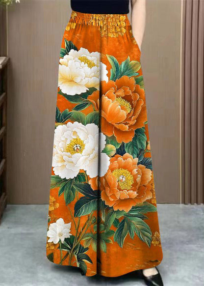 Beautiful Orange Print Pockets Cotton Wide Leg Pants Elastic Waist