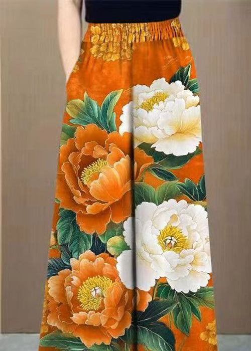 Beautiful Orange Print Pockets Cotton Wide Leg Pants Elastic Waist