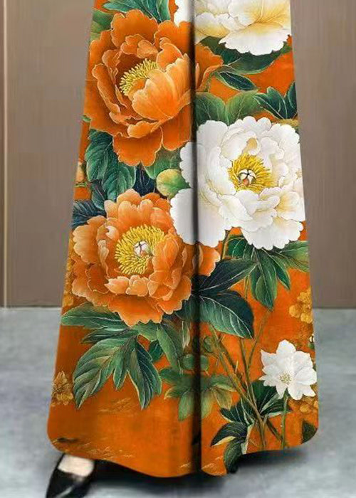 Beautiful Orange Print Pockets Cotton Wide Leg Pants Elastic Waist