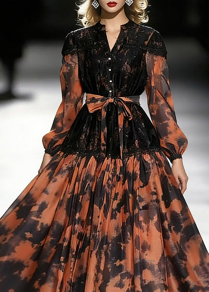 Beautiful Orange Print Tie Waist Chiffon Long Dress Lantern Sleeve