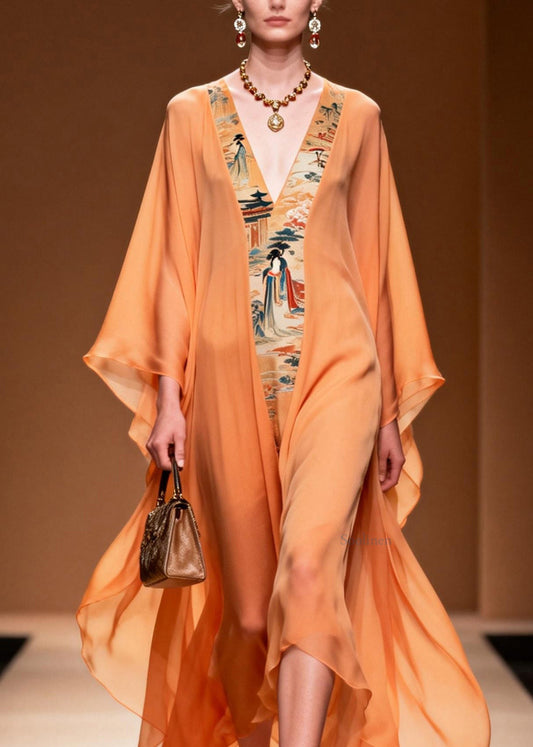 Beautiful Orange V Neck Print Patchwork Chiffon Dress Spring
