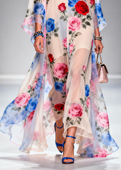 Beautiful Oversized Floral Print Chiffon Holiday Dress Summer