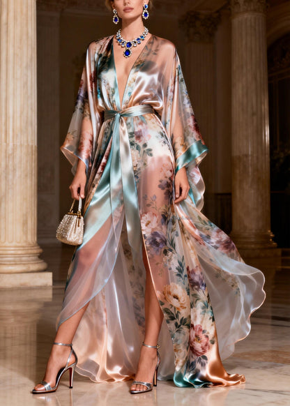 Beautiful Patchwork Tie Waist Silk Long Dresses Flare Sleeve