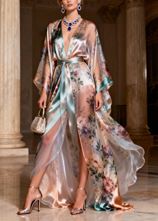 Beautiful Patchwork Tie Waist Silk Long Dresses Flare Sleeve