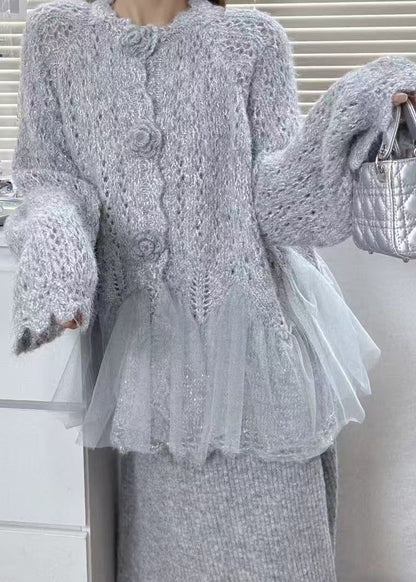 Beautiful Pink Flower Patchwork Tulle Knit Cardigans Winter