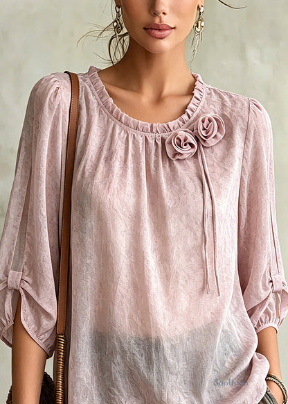 Beautiful Pink Ruffled Patchwork Chiffon Tops Summer