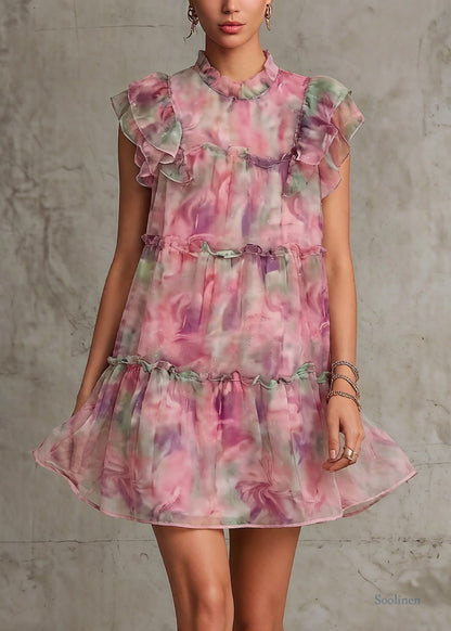 Beautiful Pink Ruffled Print Chiffon Mid Dress Summer