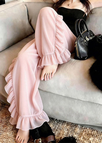 Beautiful Pink Ruffled Tulle Straight Pants Summer
