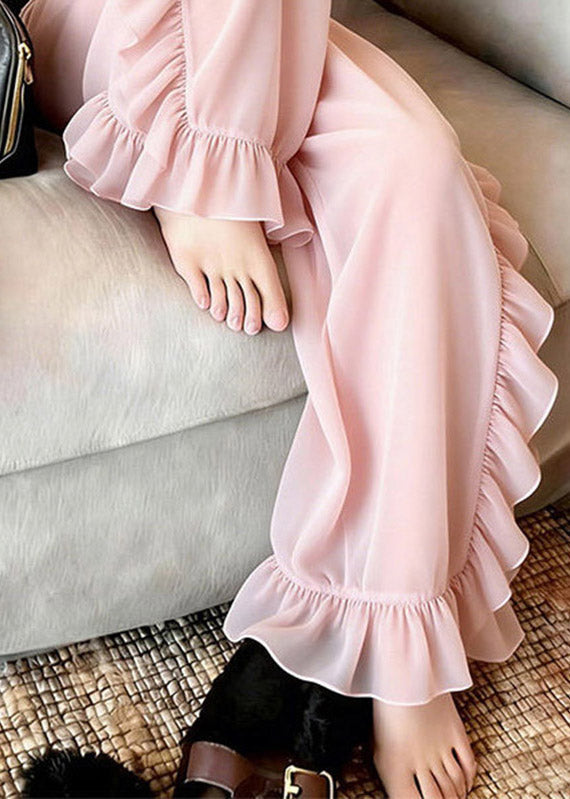 Beautiful Pink Ruffled Tulle Straight Pants Summer