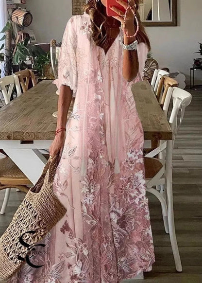 Beautiful Pink V Neck Print Chiffon Maxi Dresses Summer