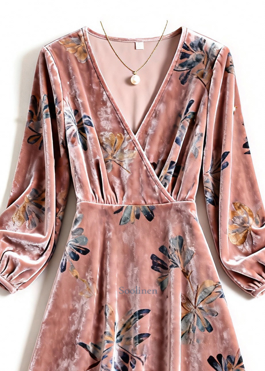 Beautiful Pink V Neck Print Silk Velvet Dresses Spring