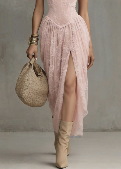 Beautiful Pink V Neck Side Open Lace Spaghetti Strap Dress Sleeveless
