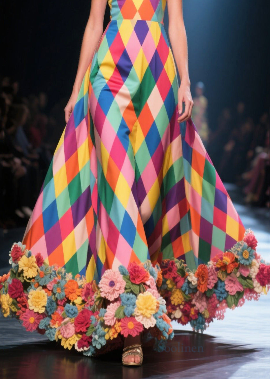 Beautiful Polychrome Plaid Three-dimensional Flower Silk Strapless Dress Summer
